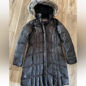 Eddie Bauer Women's Charcoal Puffer Coat with Faux Fur Hood